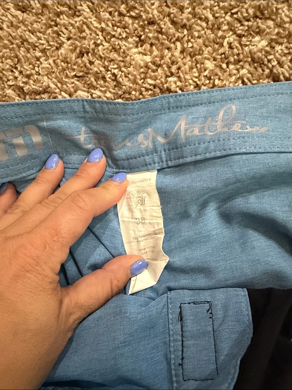 Travis Mathew Sky Blue Swim Trunks with Navy Stripe Accent